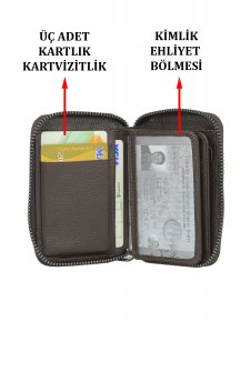 Case Club Hakiki Deri Fermuarlı Erkek Kartlık Ehliyet Kimlik Ve Kağıt Para Bölmeli Kahverengi