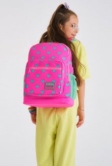 Coral High Kids Neon Pembe Su Yeşili Kalp Desenli Dört Bölmeli Okul Sırt Çantası 23113