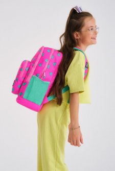 Coral High Kids Neon Pembe Su Yeşili Kalp Desenli Dört Bölmeli Okul Sırt Çantası 23113