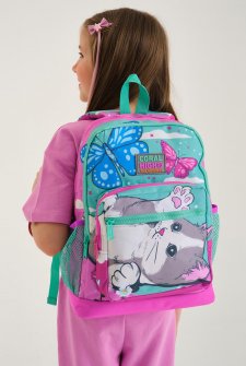 Coral High Kids Su Yeşili Pembe Kedi Desenli Dört Bölmeli Okul Sırt Çantası 23707