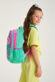 Coral High Kids Su Yeşili Pembe Simli Flamingo Desenli Üç Bölmeli Okul Sırt Çantası 14382