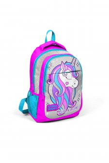 Coral High Kids Pembe Gümüş Simli Unicorn Desenli Üç Bölmeli Okul Sırt Çantası 14383